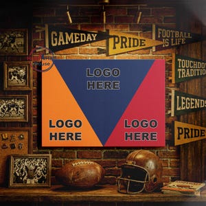 May include: A canvas print with orange, blue, and red sections, each labeled "LOGO HERE." The print is surrounded by pennants with phrases like "GAMEDAY" and "PRIDE." A football, helmet, and vintage photos complete the sports-themed display.