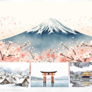 4 Patterns of Japanese Landscape Art New Year Card  For Print and SNS| Watercolor Style | Digital PNG SVG |Printable