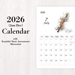 以下が含まれることがあります： 2026年のカレンダー。水彩画で描かれた、花で飾られたオーボエのイラストが特徴です。カレンダーは6月から12月まで。テキスト「2026（6月-12月）カレンダー、美しい楽器のイラスト付き」が表示されています。