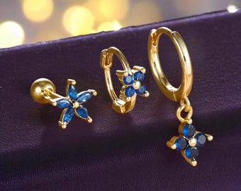 Blue Flower Earring Set, Gold CZ Huggie Hoops and Stud Trio, Gift for Her