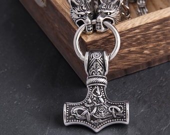 Collana da uomo Mjolnir, ciondolo vichingo con doppia testa di lupo, martello di Thor in acciaio inossidabile