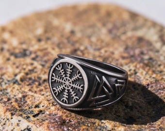 Anello da uomo Vegvisir con sigillo, in acciaio inossidabile 316L, con bussola vichinga e amuleto.