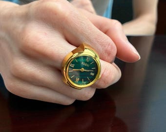 Watch Ring Emerald Green — Roman Numeral Dial, Adjustable Finger Watch