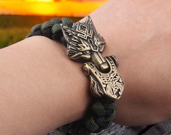 Bracciale da uomo con lupo vichingo, bracciale in paracord intrecciato, chiusura in acciaio inossidabile