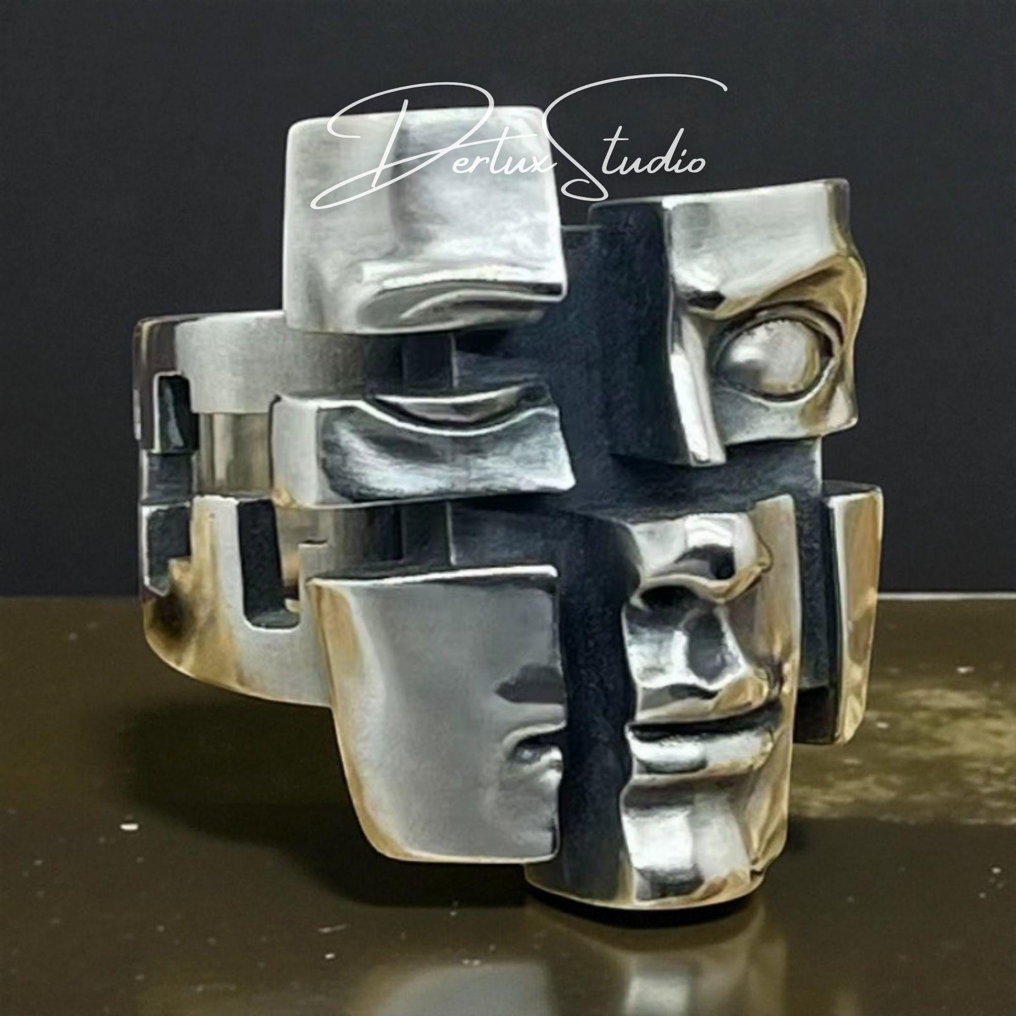 Abstract Face Ring, Adjustable Silver Tone Mask Ring, Gothic Statement ...