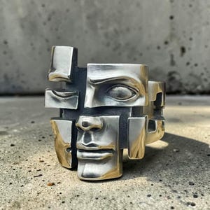 Abstracte gezichtsring, verstelbare zilverkleurige maskerring, gotische statementsieraden