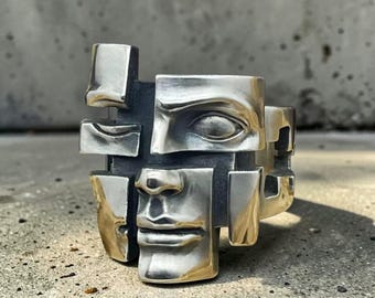 Anello con volto astratto, anello a maschera regolabile color argento, gioiello gotico di tendenza