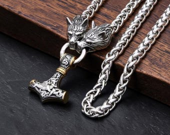 Collana da uomo Mjolnir, ciondolo vichingo a forma di testa di lupo, martello di Thor in acciaio inossidabile