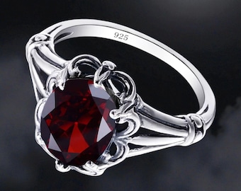 Gothic Garnet Ring, 925 Sterling Silver Vampire Ring, Red Stone Jewelry