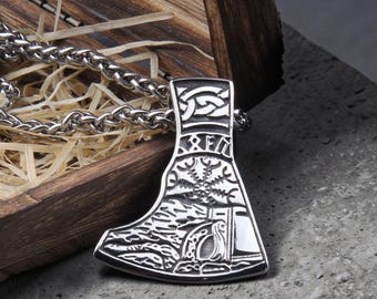 Collana con ascia vichinga da uomo, ciondolo Vegvisir in acciaio inossidabile, amuleto runico norreno