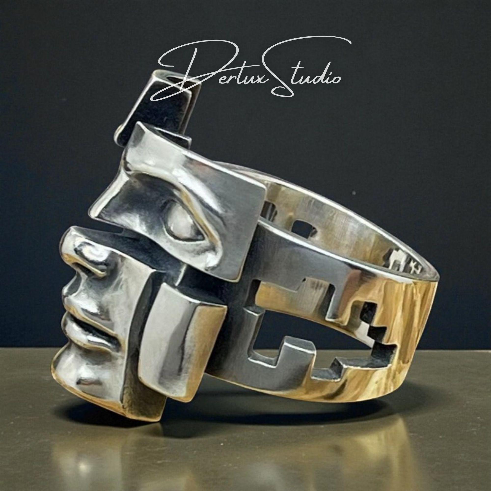 Abstract Face Ring, Adjustable Silver Tone Mask Ring, Gothic Statement ...