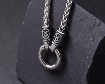 Collana con rune vichinghe da uomo, catena norrena in acciaio inossidabile, ciondolo ad anello