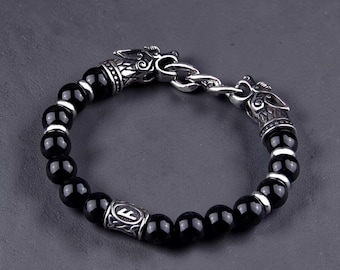 Bracciale da uomo con perline vichinghe, bracciale con rune in vetro nero, gioielli norreni in acciaio inossidabile