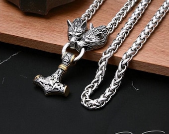 Collana con testa di lupo e martello di Thor: amuleto vichingo Mjolnir in acciaio inossidabile