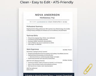 Modern Resume Template: Tech, ATS-Friendly (Word & Google Docs)