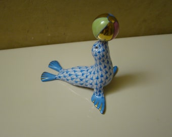 Herend Blue Sea Lion with Ball #5543 Hungary 24K Gold Accents, HTF