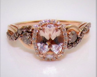 LeVian Le Vian Authentic Levian Ring - Peach Morganite & Chocolate White Diamond Halo 14K Rose "Strawberry" Rose Gold Ring Size 9