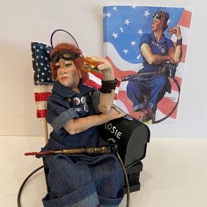 Collector Art Doll – Rosie the Riveter WWII Display – Norman Rockwell Tribute with Case – Handmade & Historic – Free U.S. Shipping