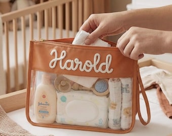 Personalized Clear Baby Organizer Pouch, Custom Name Diaper Bag,Hospital Bag Packing Cubes,Neutral Chenille Letter Pouch,Baby Shower