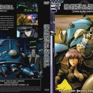 May include: DVD case for "Ghost in the Shell: Stand Alone Complex." The cover features anime characters and a large, blue robotic figure. Text includes "Television Series Chapter 1-26" and Japanese/English dual-language information.