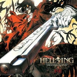 May include: Anime-style illustration featuring a character in a red coat holding a large, silver gun. The gun has text on it. The background is a mix of dark and yellow tones, with the word "HELLSING" prominently displayed.