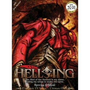 May include: DVD cover for the anime series Hellsing. The artwork features a character in a red coat and tie, with dark hair and a sinister expression. The title "HELLSING" is prominently displayed, along with text that reads "The Bird of the Hermes is my name, eating my wings to make me tame."
