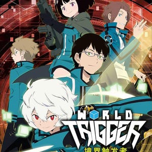 May include: DVD cover for the anime series "World Trigger." The cover features several anime characters in teal and black uniforms. The title "World Trigger" is prominently displayed, along with Japanese text and "Season 1+2 (Vol. 1-75 End)."