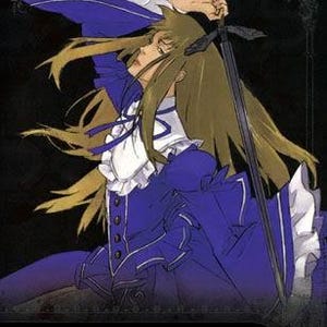 May include: Anime-style illustration of a character in a blue and white outfit, holding a sword. The character has long blonde hair and is set against a dark background. Text at the bottom reads "Le Chevalier D'Eon The Series Perfect Collection."