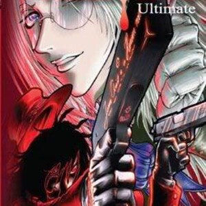 May include: DVD cover for "Hellsing Ultimate" featuring a manga-style illustration. A character with white hair and glasses holds a large gun, with another character in a red coat and hat in the foreground. The title is in white and red.
