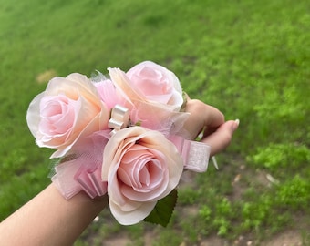 Pretty In Pink and White Rose Corsage: Faux Silk Flower Wrist Ribbon Tie