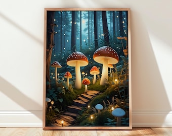 Impresión artística de bosque de hongos, luces de hadas, escena de bosque (descarga digital)