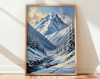 Winter Mountain Landscape Print, Snowy Alpine Scenery (Digital Download)