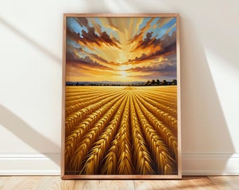 Golden Wheat Field Sunset Print, Rustic Farmhouse Decor (Digital Download)