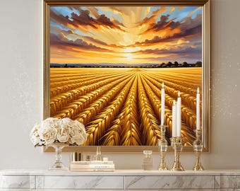 Golden Wheat Field Sunset Print, Rustic Farmhouse Decor (Digital Download)