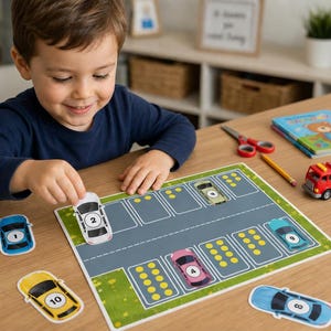 May include: A child is playing a parking lot game on a wooden table. The game includes a parking lot board, toy cars, and number cards. A red fire engine toy and a children's book are also on the table.