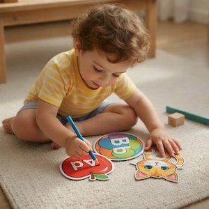 May include: A young child sits on a rug, drawing with a blue pen on a red apple-shaped learning card. Other cards include a colorful circle with letters and a cat. The child wears a yellow striped shirt and blue shorts.