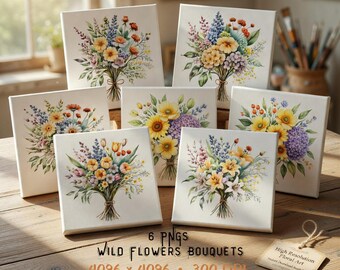 Clipart di fiori selvatici, clipart ad acquerello, 6 bouquet floreali in formato PNG, download immediato