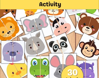 Juego de emparejar cabezas de animales, rompecabezas imprimible para niños pequeños (descarga digital)