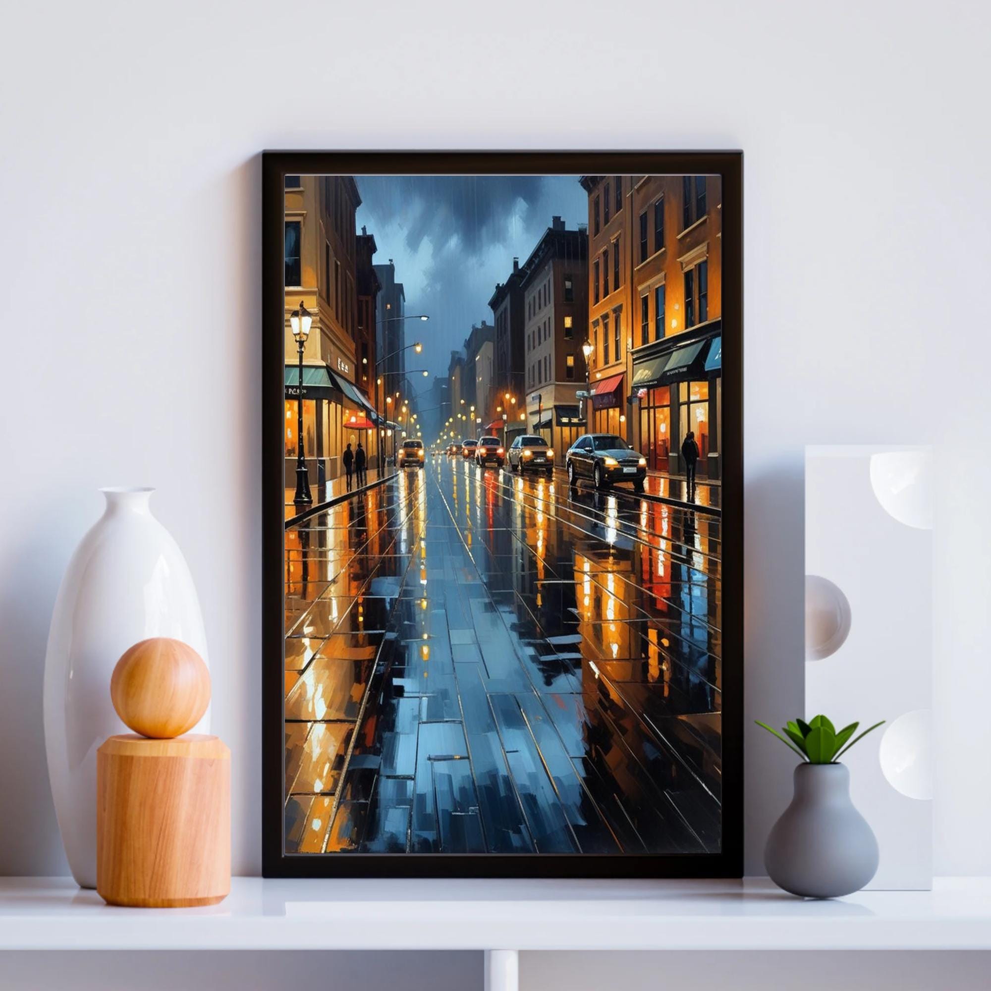 Rainy City Street Wall Art Printable, Moody Urban Night Art, Cityscape ...