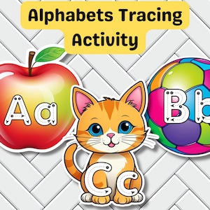 May include: A colorful educational image featuring an apple, a cat, and a ball, each with a letter of the alphabet for tracing. The apple is red and green, the cat is orange, and the ball is multi-colored. The text "Alphabets Tracing Activity" is at the top.