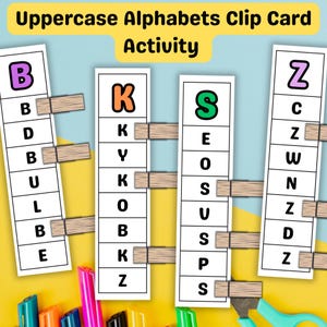 May include: Educational activity cards featuring uppercase letters and corresponding lowercase letters. The cards are held together with wooden clothespins. The text "Uppercase Alphabets Clip Card Activity" is displayed at the top of the image. Colorful markers and scissors are visible at the bottom.
