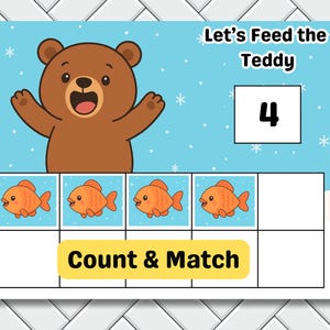 May include: A children's educational game with a brown teddy bear illustration, four orange fish, and the text "Let's Feed the Teddy." The game also includes the number 4 and the words "Count & Match."