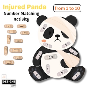 Può includere: Illustrazione di un panda ferito con bende e numeri da 1 a 10. Il testo "Injured Panda Number Matching Activity" è in alto. L'immagine include un logo "AI DESIGNS CLUB".