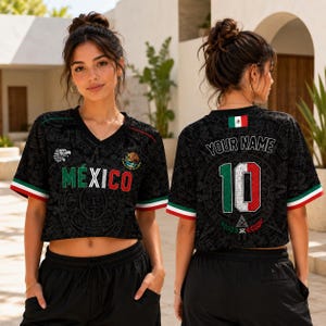 May include: A black cropped V-neck jersey featuring the word MEXICO in green, white, and red, with an eagle and emblem. The back displays the text YOUR NAME above the number 10, colored in green, white, and red, with a small Mexican flag above.