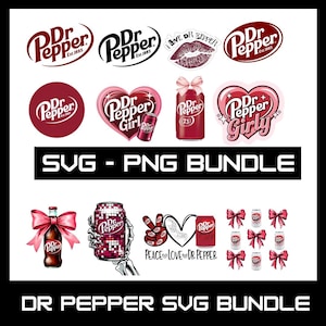 May include: A collection of Dr. Pepper-themed graphics, including logos, cans, bottles, and bows. The designs feature the Dr. Pepper logo, the text "SVG - PNG BUNDLE", and the phrase "PEACE LOVE DR PEPPER".