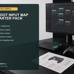 Könnte beinhalten: Eine digitale Produktkarte mit dem Titel Godot Input Map Starter Pack mit 3 Steuerungsvoreinstellungen, einschließlich Platformer-, Top-Down- und First-Person-Steuerungen sowie einem Menü zur Tastenbelegung für Godot 4.x, neben Monitor und Controller.