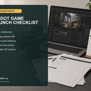 Könnte beinhalten: Ein digitaler Download mit dem Titel Godot Game Launch Checklist für Godot 4.x, der über 80 Release-Checks, ein Release-Planer-PDF, eine Steam-Asset-Referenz, ein Launch-Day-Runbook und bearbeitbare CSV-Tracker enthält, neben Laptop und Papieren.
