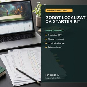 May include: A digital product listing for a Godot Localization QA Starter Kit featuring 5 editable templates. The text includes Translation CSV, Glossary + context, Localization bug log, and Release sign-off for Godot 4.x, designed by Lnian Tools.