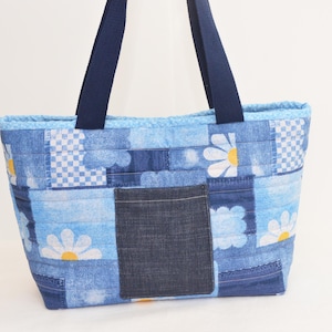 Quilted Patchwork Daisy & Clouds Tote - Handmade Everyday Shoulder Bag