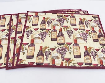 Manteles individuales acolchados con motivos de la región vinícola – Juego reversible de 4 piezas hechas a mano
